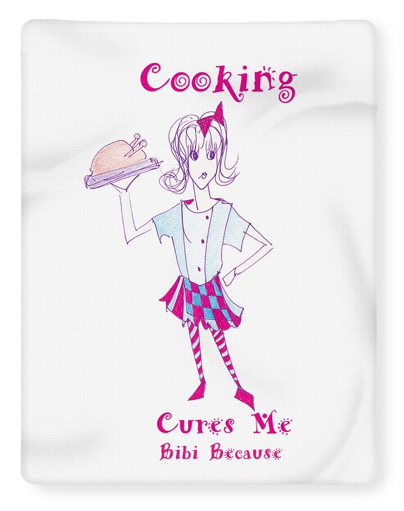 Cooking Cures Me Bibi blanket featuring vibrant artwork on plush fleece, soft and luxurious texture, available in two sizes.